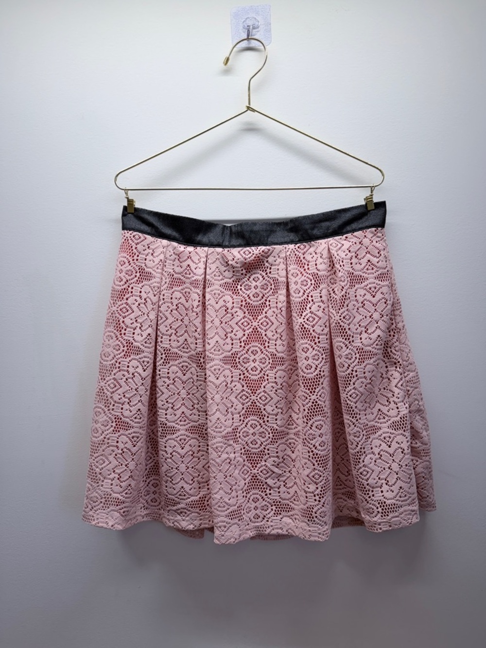Lace Circle Skirt with Black Contrast Waistband - Pink